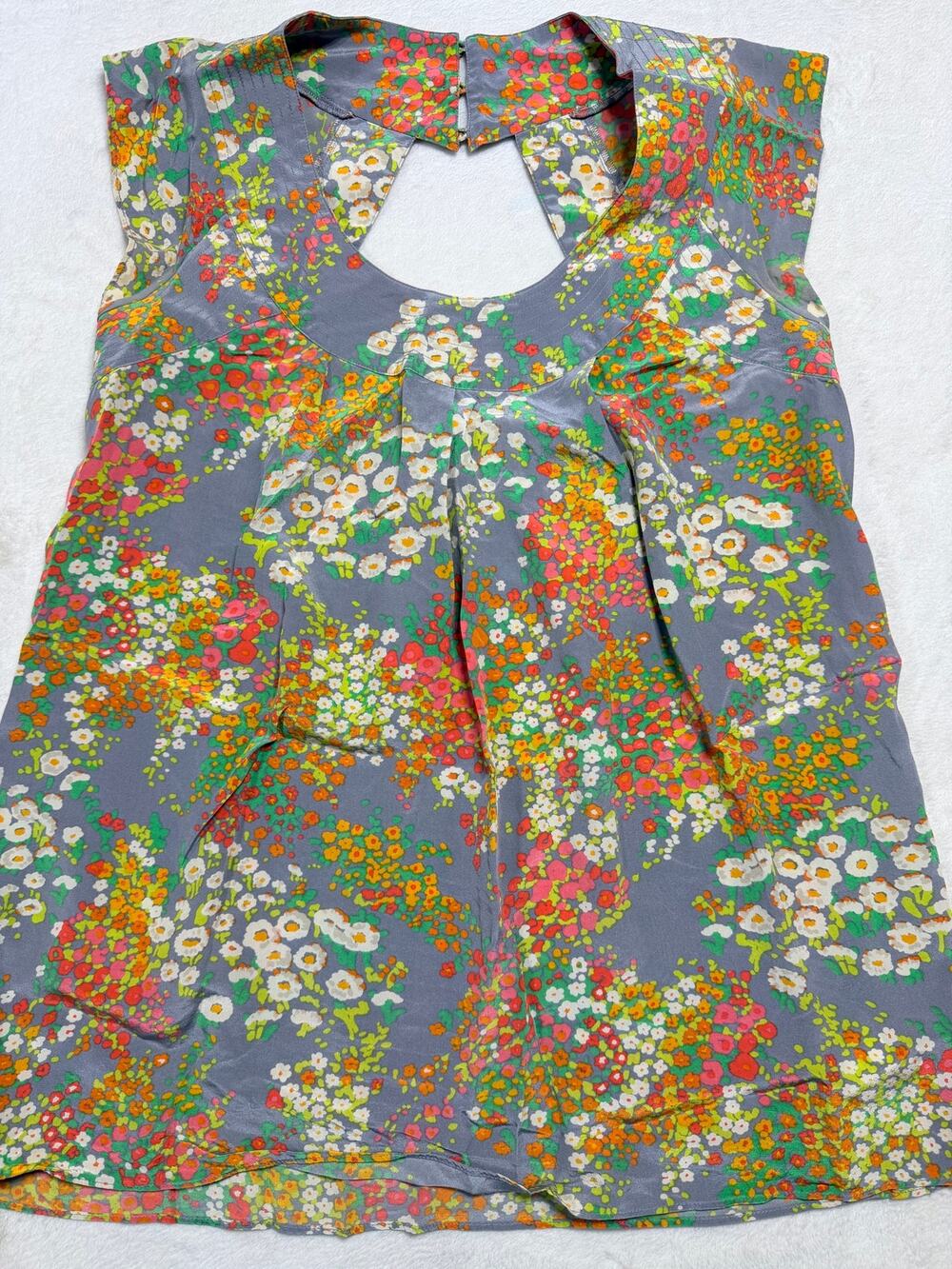 Lauren Moffatt Silk Floral Tunic Top Open Back Cutout Cottagecore Womens Sz Med